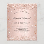 Birthday glitter roos goudbruin budgetuitnodiging flyer (Voorkant)