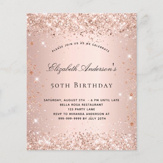 Birthday glitter roos goudbruin budgetuitnodiging flyer (Voorkant)