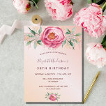 Birthday glitter roze roze roze goudflorons uitnod briefkaart<br><div class="desc">Een romantische uitnodiging voor een 50e (of om het even welke leeftijd) verjaardagsfeestje. Een roos goud en een wazige roze gradiëntachtergrond. Een grote roze, waterkleurige roos, groene bladeren, bladeren met kleine gouden bloemen. Een roos gouden faux glitter band achter de bloemen. Pas een naam en partijdetails aan en voeg deze...</div>