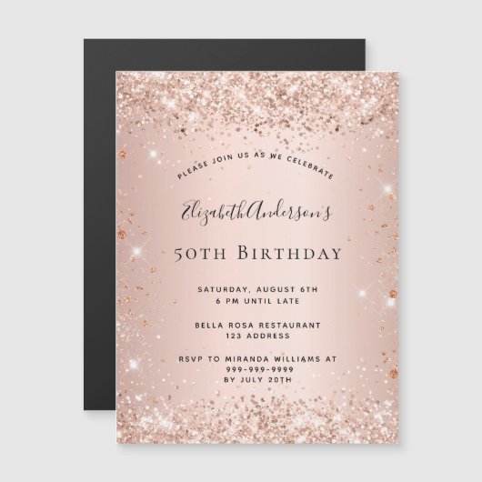 Birthday glitter stof roos goudmagneet magnetische uitnodiging (Voorkant / Achterkant)