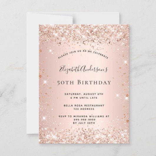 Birthday glitter stof roos goudmagneet magnetische uitnodiging (Voorkant)