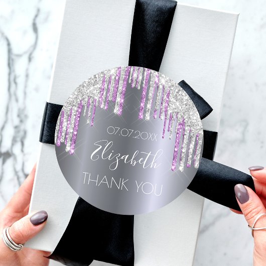 Birthday glitter zilveren paarse glans Dank je Ronde Sticker