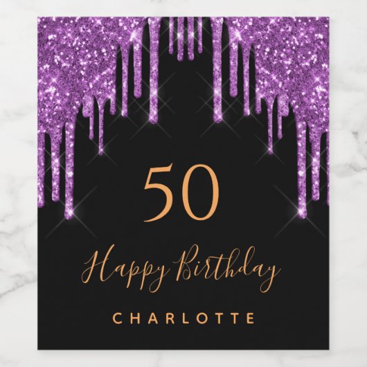 Birthday glitter zwarte paarse elegant wijn etiket (Enkel label)