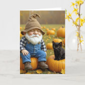 Birthday Gnome and Black Kitten On Pumpkins Kaart (Gele Bloem)