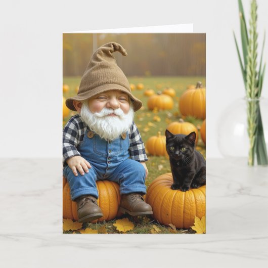 Birthday Gnome and Black Kitten On Pumpkins Kaart (Voorkant)