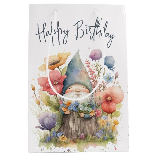 Birthday gnome in Flowers Medium Cadeauzakje (Voorkant)
