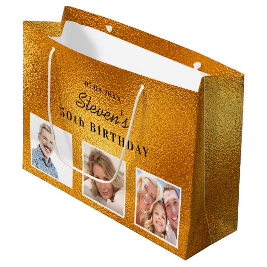 Birthday Gold aangepast fotometaal monogram Groot Cadeauzakje (Voorkant Gekanteld)