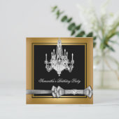 Birthday Gold Black Chandelier Silver Bow Kaart (Staand voorkant)