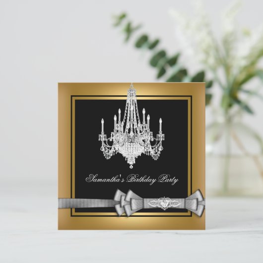 Birthday Gold Black Chandelier Silver Bow Kaart (Staand voorkant)
