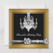 Birthday Gold Black Chandelier Silver Bow Kaart (Voorkant)