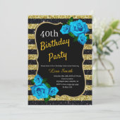 Birthday Gold Black Stripes Glitter Blue Rozen Kaart (Staand voorkant)