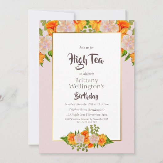 Birthday Gold Blush Pink Oranje Floral High Tea Kaart (Voorkant)