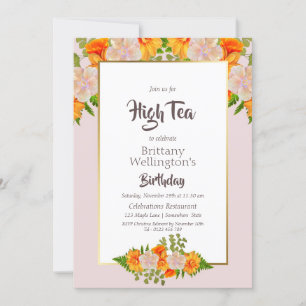 Birthday Gold Blush Pink Oranje Floral High Tea Kaart
