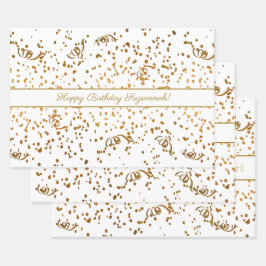 Birthday Gold Confetti Streamers Drie Sjabloon Inpakpapier Vel