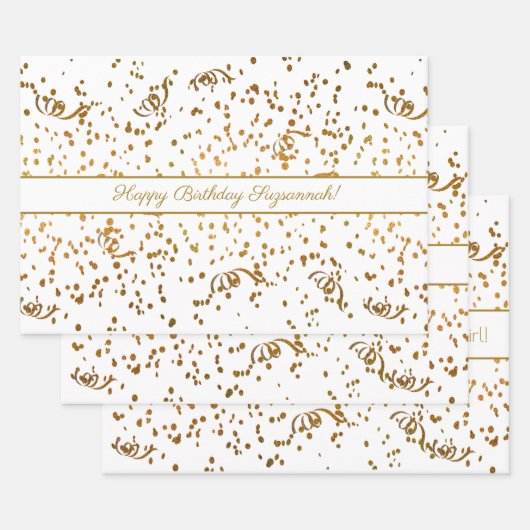 Birthday Gold Confetti Streamers Drie Sjabloon Inpakpapier Vel (Set)