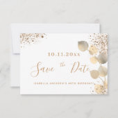 Birthday gold eucalyptus glitter save the date aankondiging (Voorkant)