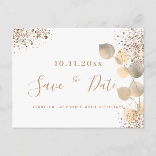 Birthday gold eucalyptus glitter save the date aankondigingskaart (Voorkant)