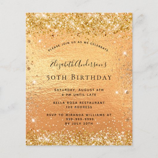 Birthday gold glitter budget uitnodiging flyer (Voorkant)
