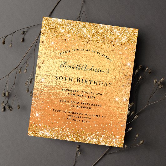 Birthday gold glitter budget uitnodiging flyer
