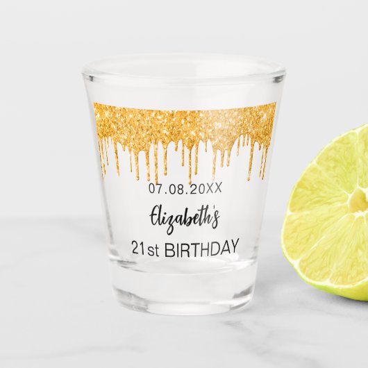 Birthday gold glitter drift name shot glas (Voorkant)