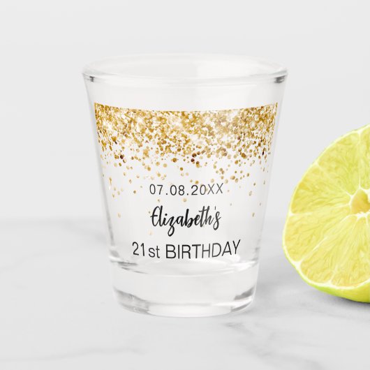 Birthday gold glitter sparkles name shot glas (Voorkant)