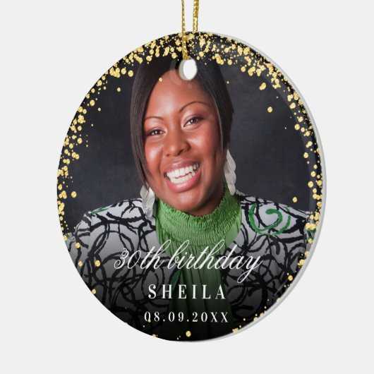 Birthday gold glitter sparters foto naam keramisch ornament (Links)