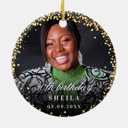 Birthday gold glitter sparters foto naam keramisch ornament (Achterkant)