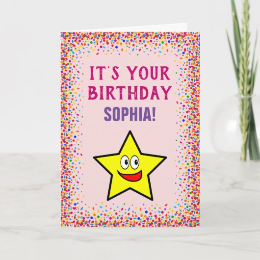 Birthday Gold Star Pink Colorful Confetti Kaart (Voorkant)