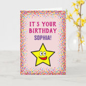 Birthday Gold Star Pink Colorful Confetti Kaart (Gele Bloem)