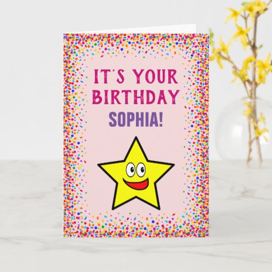 Birthday Gold Star Pink Colorful Confetti Kaart (Gele Bloem)