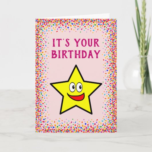 Birthday Gold Star Pink Colorful Confetti Kaart (Voorkant)