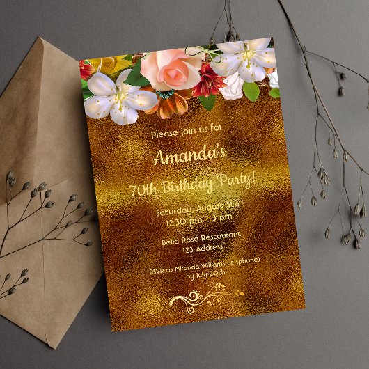 Birthday Gold white florals elegant Kaart