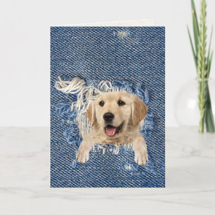 birthday golden retriever in blue denim hole kaart