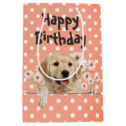 Birthday Golden Retriever met Daisies Medium Cadeauzakje (Voorkant)