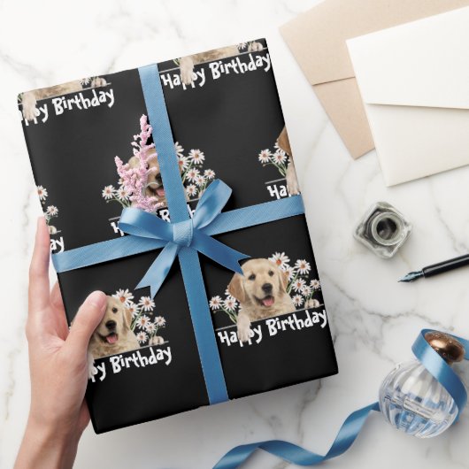 Birthday Golden Retriever op Black Cadeaupapier (Geschenken)