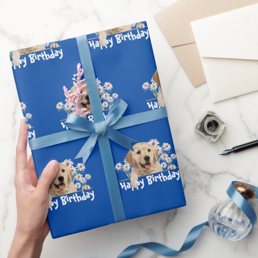 Birthday Golden Retriever op blauw Cadeaupapier (Geschenken)