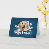 Birthday Golden Retriever op blauw leder Kaart (Gele Bloem)