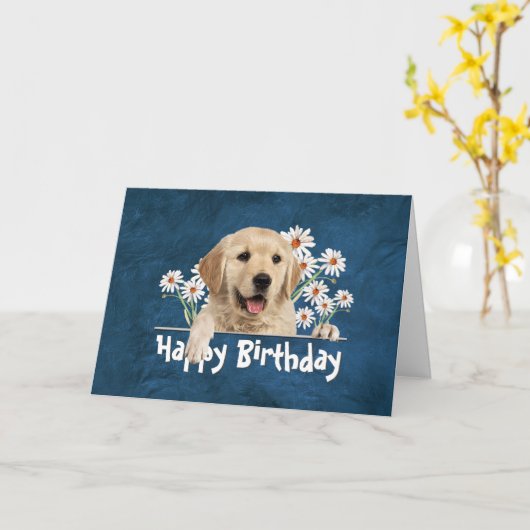 Birthday Golden Retriever op blauw leder Kaart (Gele Bloem)