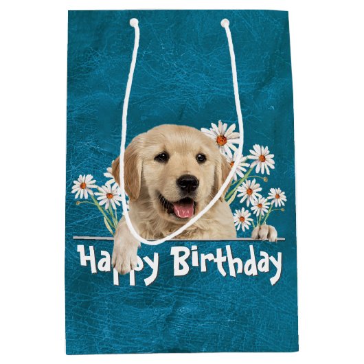 Birthday Golden Retriever op Blauwgroen leder Medium Cadeauzakje (Voorkant)