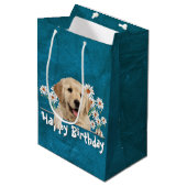 Birthday Golden Retriever op Blauwgroen leder Medium Cadeauzakje (Voorkant Gekanteld)