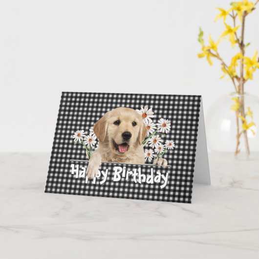 Birthday Golden Retriever op Gingham Kaart (Gele Bloem)
