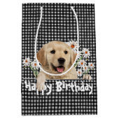 Birthday Golden Retriever op Gingham Medium Cadeauzakje (Voorkant)