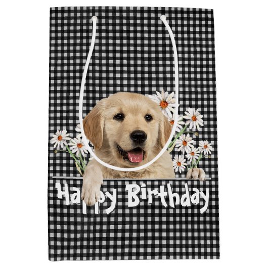 Birthday Golden Retriever op Gingham Medium Cadeauzakje (Voorkant)