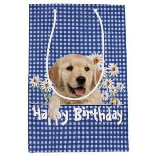 Birthday Golden Retriever op Gingham Medium Cadeauzakje