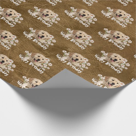 Birthday Golden Retriever op leder Cadeaupapier (Hoek)