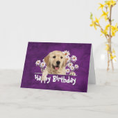 Birthday Golden Retriever op Paars leder Kaart (Gele Bloem)