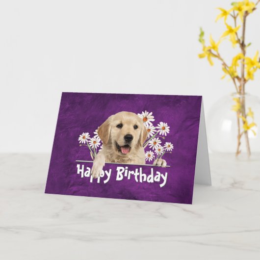 Birthday Golden Retriever op Paars leder Kaart (Gele Bloem)