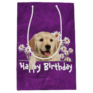 Birthday Golden Retriever op Paars leder Medium Cadeauzakje