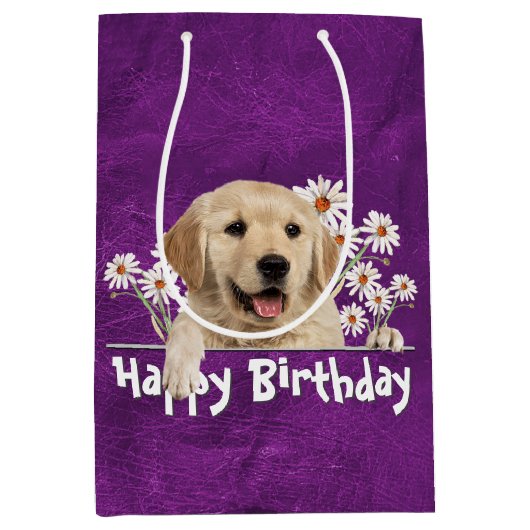 Birthday Golden Retriever op Paars leder Medium Cadeauzakje (Voorkant)