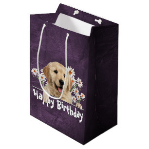 Birthday Golden Retriever op Paars leder Medium Cadeauzakje